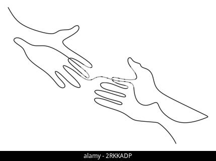 Continuous line drawing of two hands barely touching one another. Simple sketch of two hands isolated on white background. People connecting each othe Stock Vector