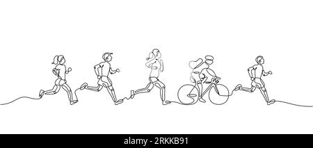 Continuous one line of people doing jogging and cycling. Men and women running and riding bicycle. Teenagers doing athletic sport one line Stock Vektor