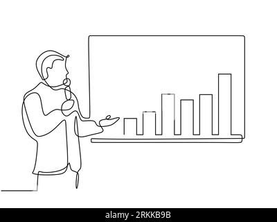 Continuous one line of man doing business presentation. One line of businessman presenting economic graphic. Stock Vector