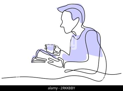 Continuous single line drawing of young man read a book with a cup of coffee on the table isolated on white background. Drinking tea concept single li Stock Vektor