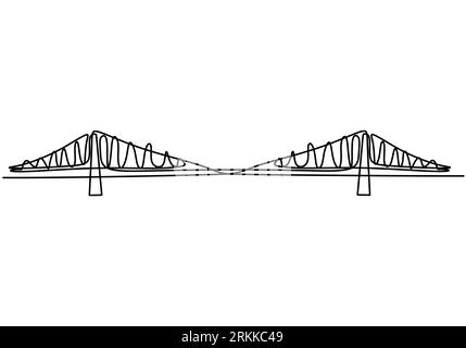 Riesige Brücke über den Fluss. Durchgehende Konstruktion einer Linie von Brückenzeichnungen. Einfacher moderner minimalistischer Stil isoliert auf weißem Hintergrund. Stock Vektor