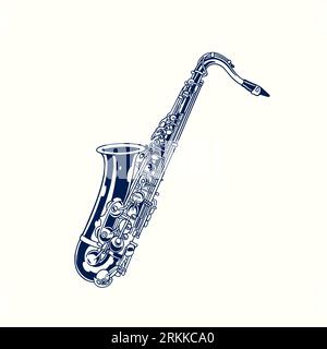 Saxophone hand drawn sketch retro design. Classical jazz music instrument in cartoon isolated. Wind musical tool concept. Vector illustration in vinta Stock Vector