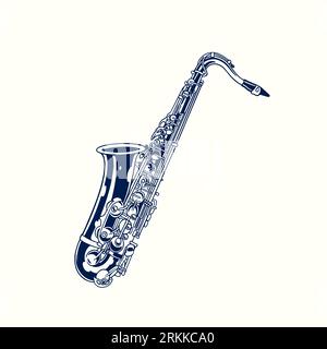 Saxophone hand drawn sketch retro design. Classical jazz music instrument in cartoon isolated. Wind musical tool concept. Vector illustration in vinta Stock Vektor