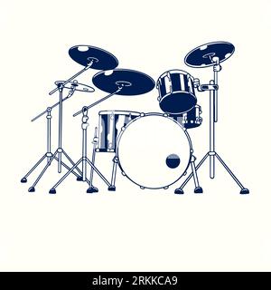 Vector hand drawn illustration of drum kit isolated on white background. Old vintage sketch drawn engraving electronic drum band set. Modern electric Stock Vector