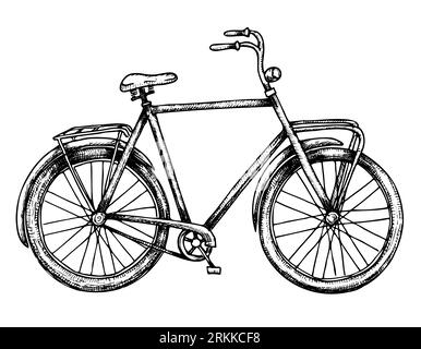 Rennrad. Vector Hand gezeichnete Illustration des urbanen Retro-Klassikers Bike auf isoliertem weißem Hintergrund gemalt von schwarzen Tinten im Umrissstil. Zeichnung eines niedlichen, uralten Transportwagens mit Radrädern. Stock Vektor