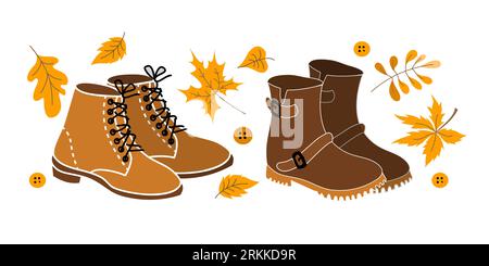 Herbstschuhe Kollektion im flachen Stil. Vektorillustration zum Thema Schuhe mit Herbstblättern. Stock Vektor