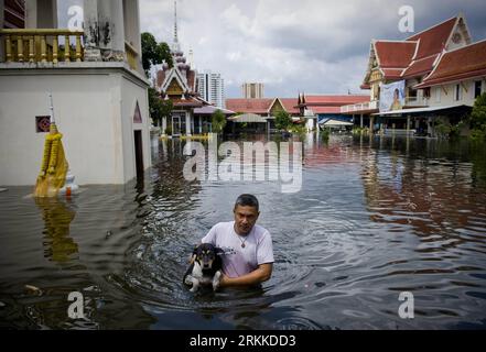 Bildnummer: 56227859 Datum: 29.10.2011 Copyright: imago/Xinhua (111029) -- BANGKOK, Okt. 29, 2011 (Xinhua) -- Ein Mann, der seinen Hund trägt, läuft in Bangkok, Hauptstadt von Thailand, 29. Okt. 2011. In Bangkok warten wir auf die Überschwemmungskatastrophe, die das Land seit mehr als drei Monaten heimsucht und keine Anzeichen eines Rückgangs zeigt. (Xinhua/Lui Siu Wai) THAILAND-BANGKOK-FLOOD PUBLICATIONxNOTxINxCHN Gesellschaft Thailand Hochwasser x0x xtm Premiere 2011 quer 56227859 Datum 29 10 2011 Copyright Imago XINHUA Bangkok OCT 29 2011 XINHUA ein Mann, der seinen Hund trägt, spaziert in Flood in Bangkok Capi Stockfoto
