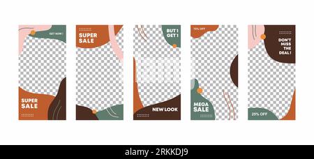 6 set of ig stories frame template design. Brown and grey abstract collage layout design. Mockup for personal blog or shop. Layout for promotion. Fash Stock Vector