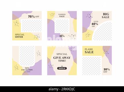 Set of design backgrounds for social media feed and post with placeholder for photo in pastel purple and yellow color combination. Abstract vector des Stock Vector