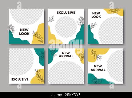 Bundle social media post template in abstract puzzle minimalist style. Pastel colors backgrounds with floral elements. Fashion summer big sale promoti Stock Vector