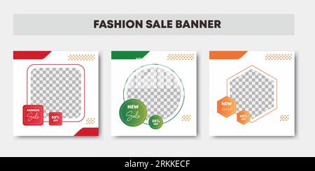 Fashion sale social media post design template bundle. Modern elegant sales and discount promotions. White, orange, red and green background color wit Stock Vektor