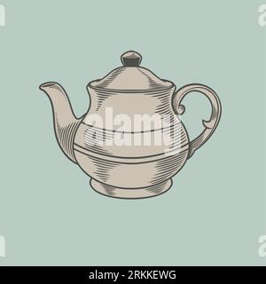 Vector sketch teapot illustration. Chinese porcelain kettle isolated in retro style. Kitchen utensils, cooking stuff for menu decoration. Engraved han Stock Vector