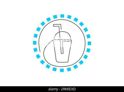 Continuous single line drawing of fresh ice drink in plastic cup for logo emblem. Milkshake or soda drink made of one line art for fast food cafe logo Stock Vektor