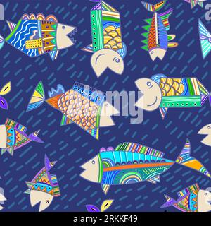 Cute tribal fishes seamless pattern. Childish background for children textile or wrapping paper or packaging for seafood products. Repeated texture wi Stock Vector