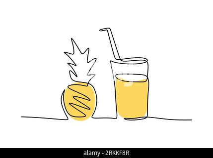 Pineapple and a glass of juice in continuous line art drawing minimalist design. Healthy summer drink isolated on white background. Fresh tropical gar Stock Vector