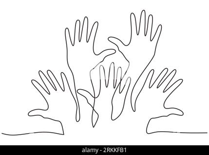 Durchgehende einzeilige Zeichnung menschlicher Hände. Ein Symbol der Solidarität untereinander. Teamwork, Freundschaftskonzept minimalistisches Design, handgezeichneter lin Stock Vektor
