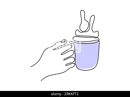 Eine durchgehende Linienzeichnung der Hände, die eine Tasse heißen Kaffee auf weißem Hintergrund halten. Hot Coffee oder Tea Concept Art, minimalistisch in einer Linie Stock Vektor