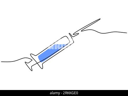 Durchgehende Einzeilenzeichnung der Spritze mit Nadel für den Corona-Impfstoff-Test handgezeichnete Linie Art minimalistisches Design. Medizinische Geräte oder Werkzeuge vecto Stock Vektor