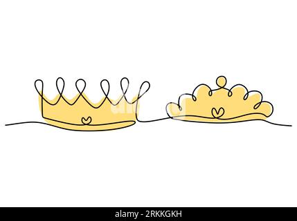 Eine Krone von König und Königin in durchgehender Linienzeichnung isoliert auf weißem Hintergrund. Ein Kronensymbol der Majestät König und Königin. Das Konzept der Führung Stock Vektor