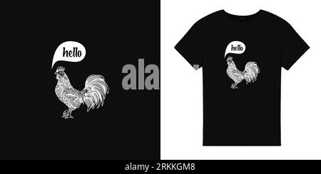 T shirt illustration with chicken say hello. Cute chicken vector design.animal illustration.T shirt graphic. Stock Vector