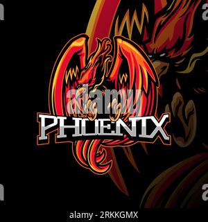 Phoenix Mascot Logo Illustration für epsort Gaming. Red Phoenix für E-Sport und Sport Maskottchen Logo isoliert auf dunkelrotem Hintergrund. Stock Vektor