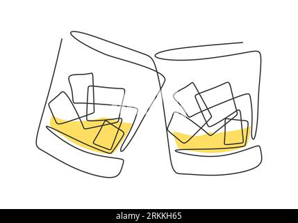 Two glass of whiskey with ice cubes continuous one line drawing minimalism design isolated on white background. Bar and restaurant concept minimalist Stock Vector