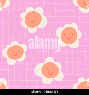 Fun Daisy Naive groovy seamless pattern with doodle grid. Contemporary colorful trendy backgrounds for kids in pink. Scandinavian nursery print Stock Vector