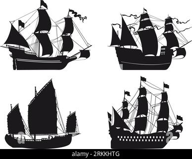 Detaillierte Vektorillustration von Holzschiffen in einem flachen Stil auf einem weißen Hintergrund. Frigate, Junk, Segelboot. Stock Vektor