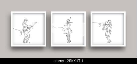 One line drawing of musician performing and playing music. Minimalist poster art set. Stock Vector