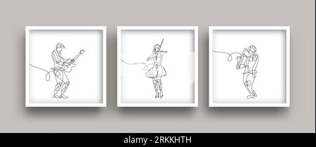 One line drawing of musician performing and playing music. Minimalist poster art set. Stock Vektor
