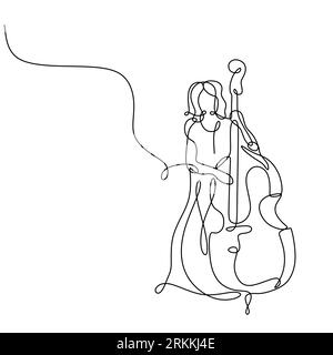 cello music player continuous one line drawing minimalist, vector of a girl standing playing classical music instrument. Stock Vector