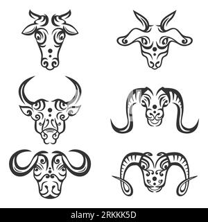 Set tribal ethnic mamalia head. Buffalo head, bull head, cow head, goat head and sheep head isolated on white. Modern graphic design element for tatto Stock Vector