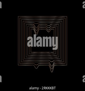 Quadratischer abstrakter Goldrahmen, lineares welliges geometrisches Formobjekt auf schwarzem Hintergrund. Vektorillustration Stock Vektor