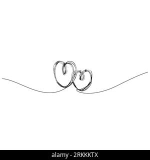 Durchgehende Linienzeichnung zwei Herzen umhüllend, schwarz-weißer Hochzeitsvektor minimalistische Illustration des Liebeskonzepts Minimalismus eine Hand gezeichnete Skizze Stock Vektor
