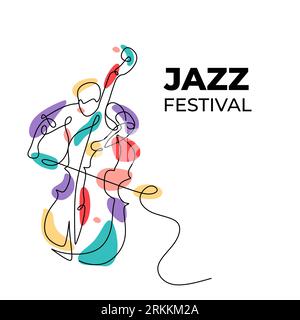 Jazz music festival banner with a man playing cello instrument. Trendy continuous one line drawing with colorful splash. Stock Vector