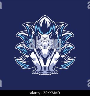 Das „Nine Tailed Fox“-Logo ist das Maskottchen des Gamer-Teams. Blaues Esport-Logo mit neun Schwänzen Stock Vektor