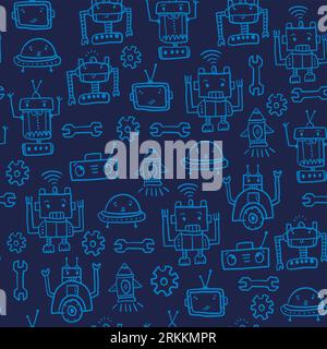 Hand gezeichnete Roboter nahtloses Muster auf dunkelblauem Hintergrund. Abstraktes, nahtloses Robotermuster für Mädchen oder Jungen. Vintage Retro-süße Roboter kindisch. Crea Stock Vektor