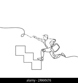 Stairway to success - continuous line drawing, Man running fast up stairs to reach his goals.Metaphor business success and boost personal career. Stock Vector