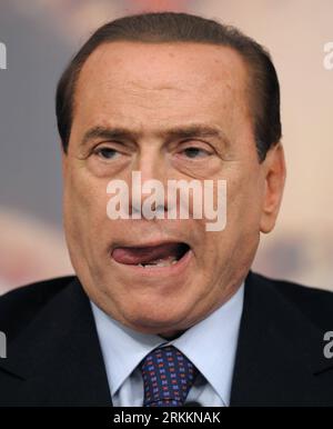 Bildnummer: 56264327  Datum: 12.08.2011  Copyright: imago/Xinhua (111109) -- ROME, Nov. 9, 2011 (Xinhua) -- File photo taken on Aug. 12, 2011 shows Italian Prime Minister Silvio Berlusconi attend a press conference in Rome, Italy. Berlusconi confirmed Wednesday he will not run again for office. (Xinhua/Wang Qingqin) (zx) ITALY-POLITICS-BERLUSCONI-ALFANO PUBLICATIONxNOTxINxCHN People Politik Porträt xjh x1x premiumd 2011 hoch Highlight     56264327 Date 12 08 2011 Copyright Imago XINHUA  Rome Nov 9 2011 XINHUA File Photo Taken ON Aug 12 2011 Shows Italian Prime Ministers Silvio Berlusconi atten Stockfoto