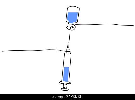 Continuous one line drawing of syringe with needle and vaccine tube for the corona vaccine test hand-drawn line art minimalist design. Medical equipme Stock Vector