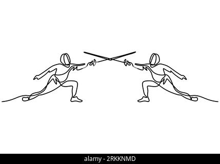 Continuous one line drawing of two man fencing athletes fight suit practicing with sword on professional sports arena, motion fast of speed practice b Stock Vector