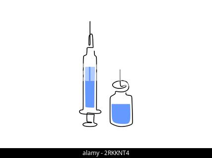 Continuous one line drawing of syringe with needle and vaccine tube for the corona vaccine test hand-drawn line art minimalist design. Medical equipme Stock Vektor