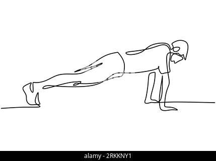 One continuous line drawing of young man training doing push ups in a fitness training gym isolated on white background. A male preparing for pushing Stock Vector