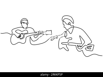 Ein durchgehender Single-Zeichentrickvater, der seinem Sohn beibringt, Gitarre zu spielen und ein von Hand gezeichnetes Lied zu singen. Happy Family Parenting Concept Minimali Stock Vektor