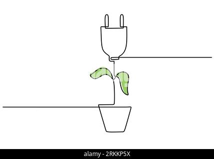 Continuous single line drawing of electric plug with green leaf isolated on white background. Environmental friendly concept. Power plug hand drawn on Stock Vektor