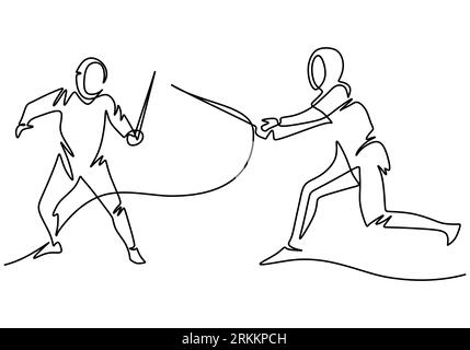 Continuous one line drawing of two man fencing athletes fight suit practicing with sword on professional sports arena, motion fast of speed practice b Stock Vector