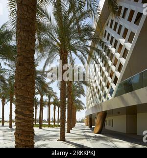 Perspective along facade and palm trees. 360 Mall, Kuweit City, Kuwait. Architect: CRTKL, 2021. Stock Photo