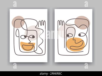 Abstraktes Gesicht Frau und Mann durchgehende Linienzeichnung Minimalismus Stock Vektor