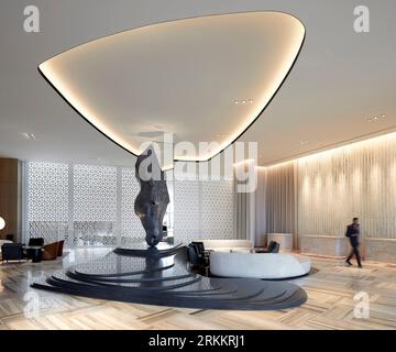 Skulptur an der Hotelrezeption. 360 Mall, Kuweit City, Kuwait. Architekt: CRTKL, 2021. Stockfoto