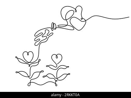 Continuous one line drawing of spraying water pouring water to heart shaped plant for charity day concept isolated on white background. Stock Vector